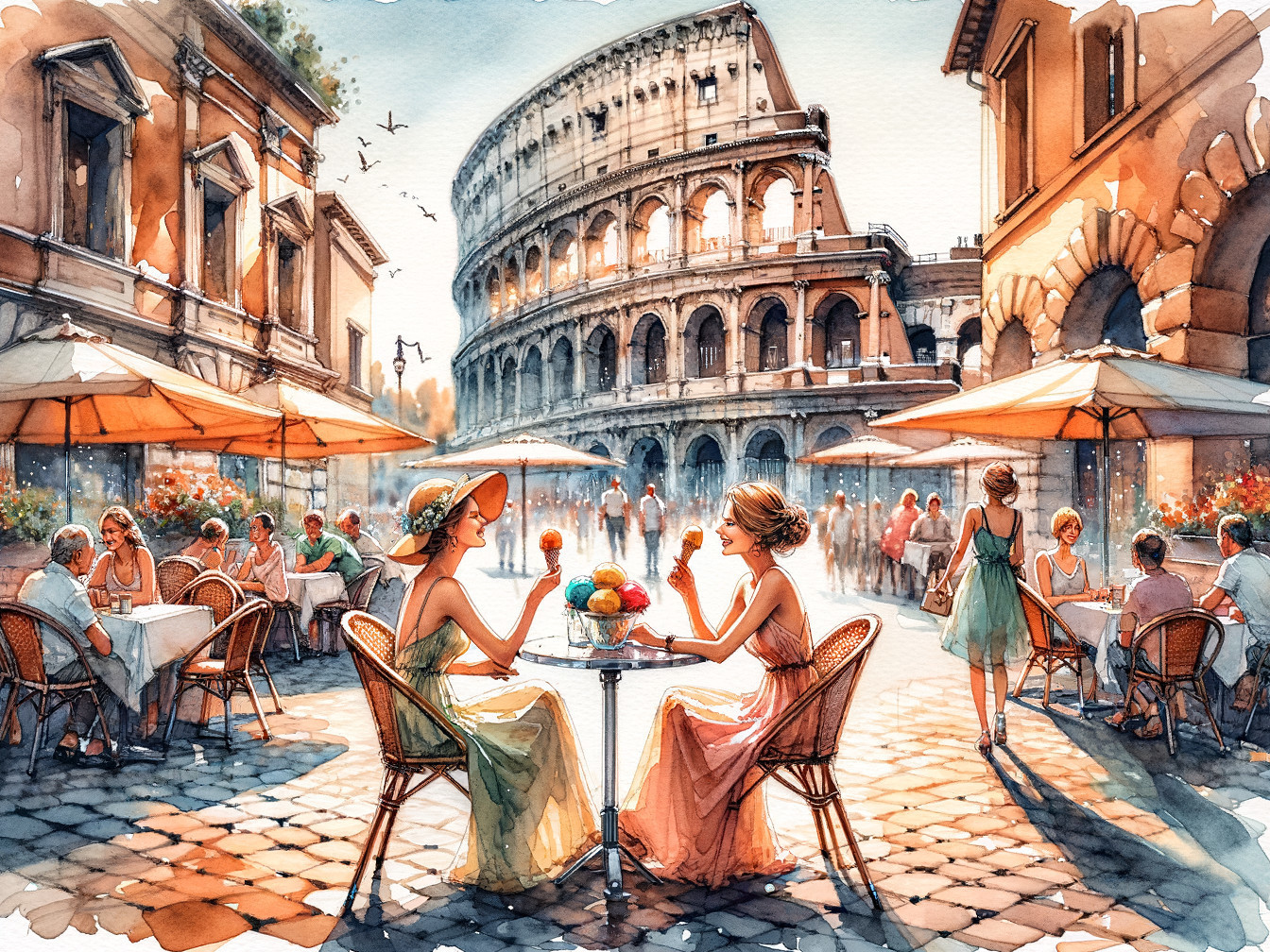 Watercolor of Women Dining at Colosseum Cafe