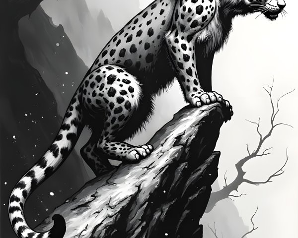 Black and white illustration of a leopard on a ledge