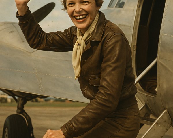 Vintage Aviator Waving from Classic Aircraft Steps