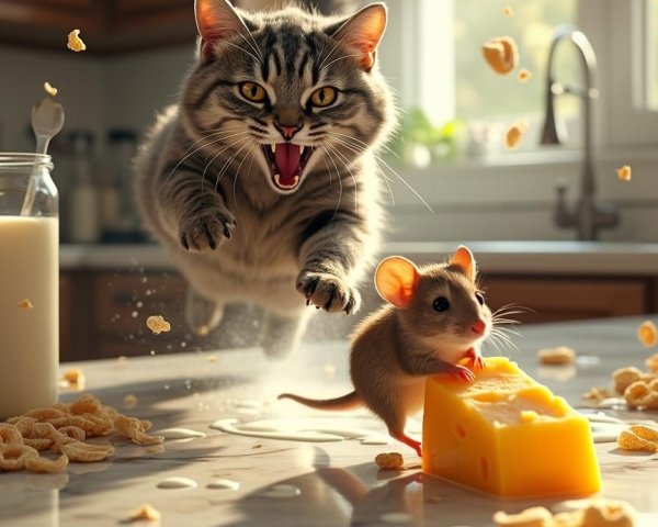 Tabby Cat Chasing Mouse in Busy Kitchen Scene