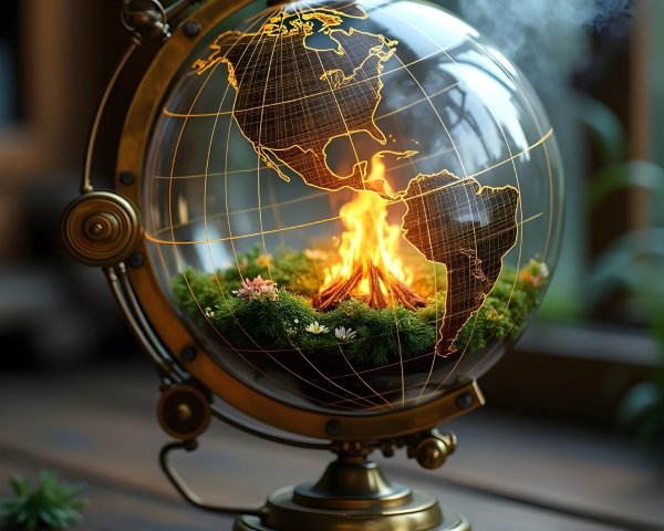Vintage Globe Featuring Campfire and Nature Scene