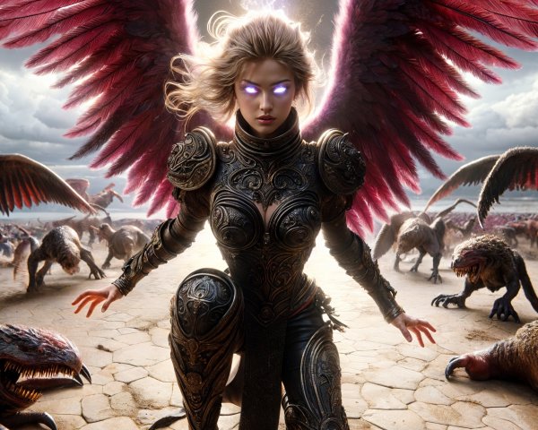 Female figure in ornate armor with feathered wings