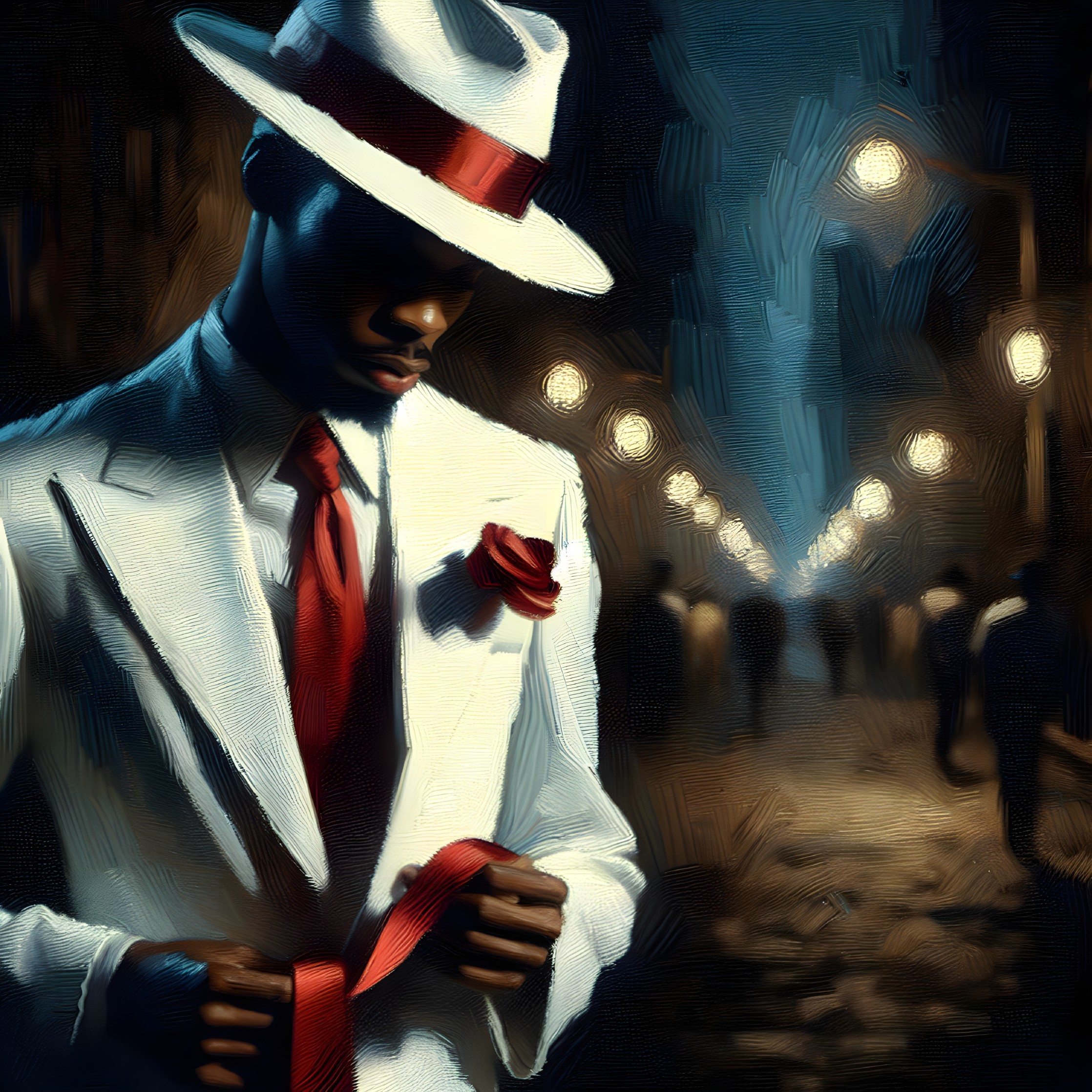 Stylish figure in white suit at night with streetlights