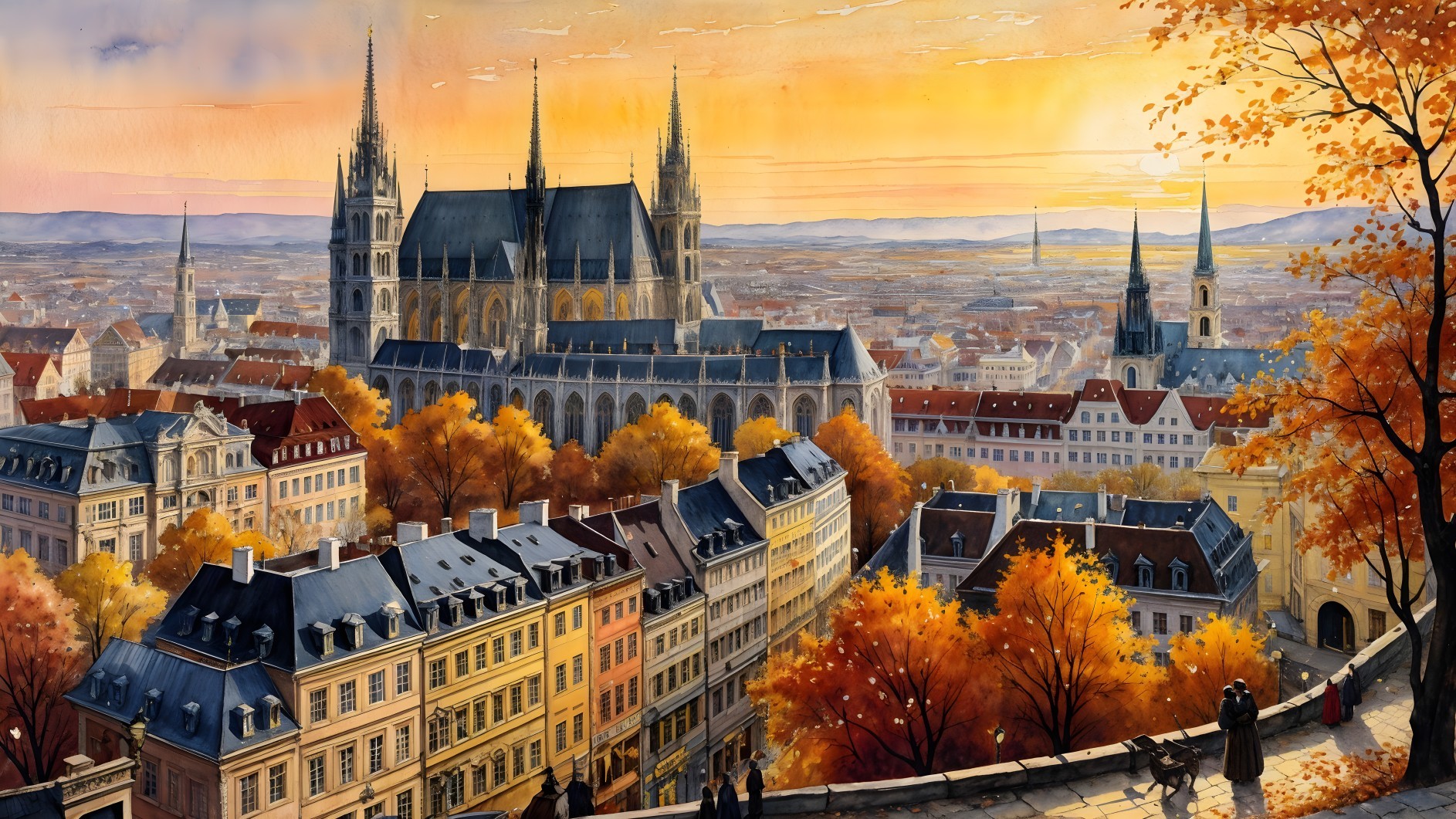 Sunset over a city with cathedral and autumn trees