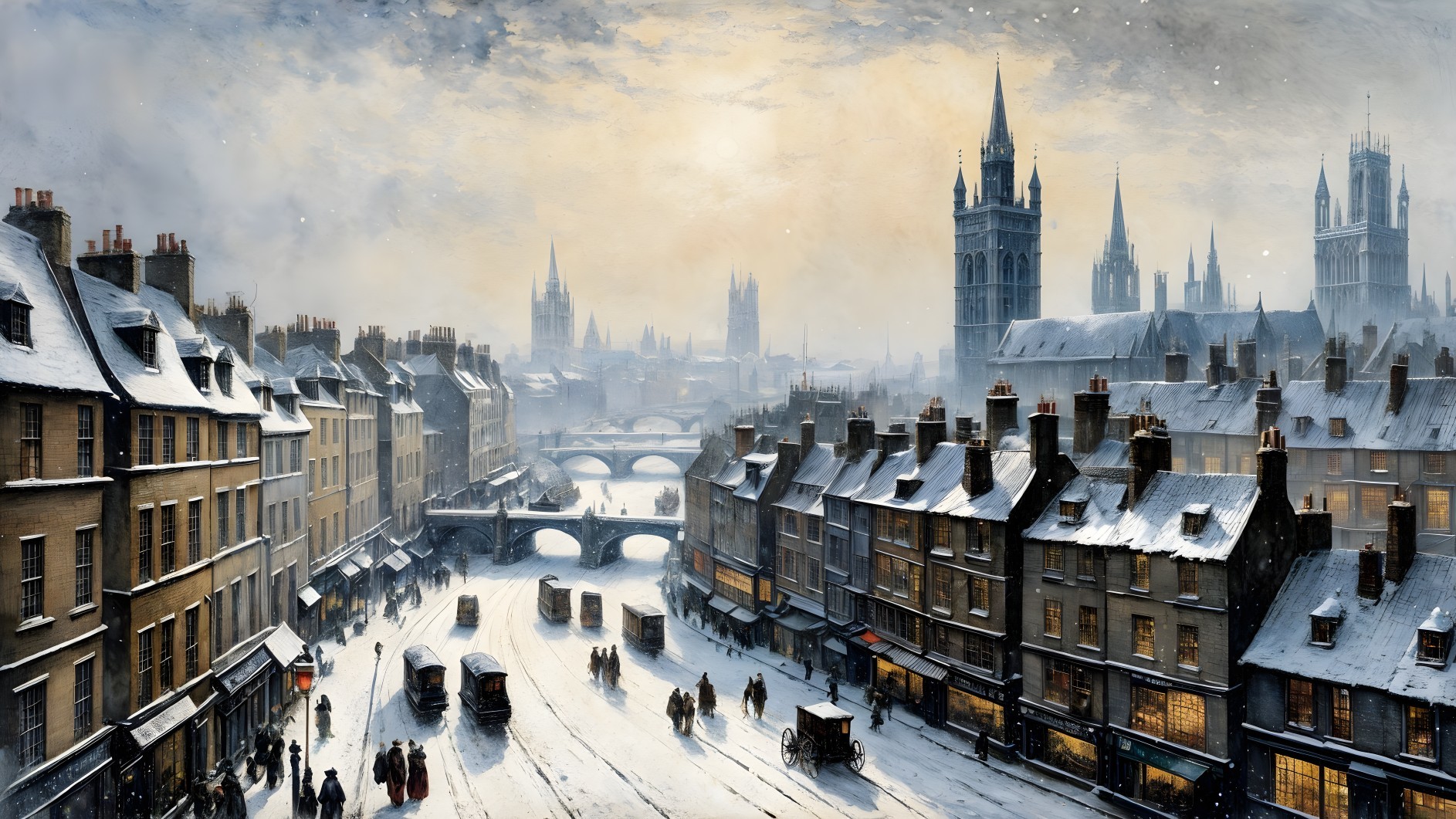 Historic City in Winter with Snow-Covered Streets