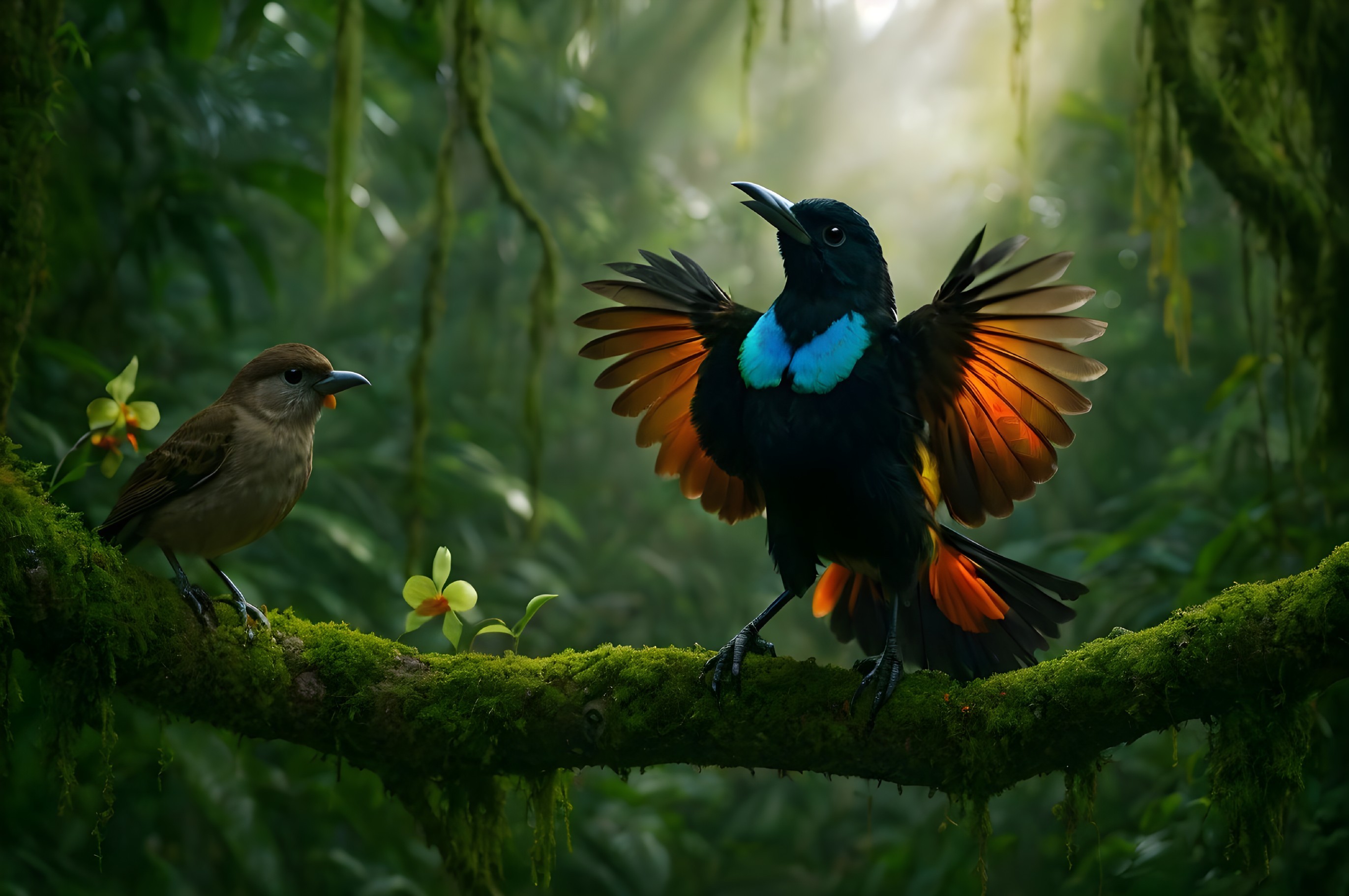 Black Bird with Blue and Orange Plumage in Rainforest