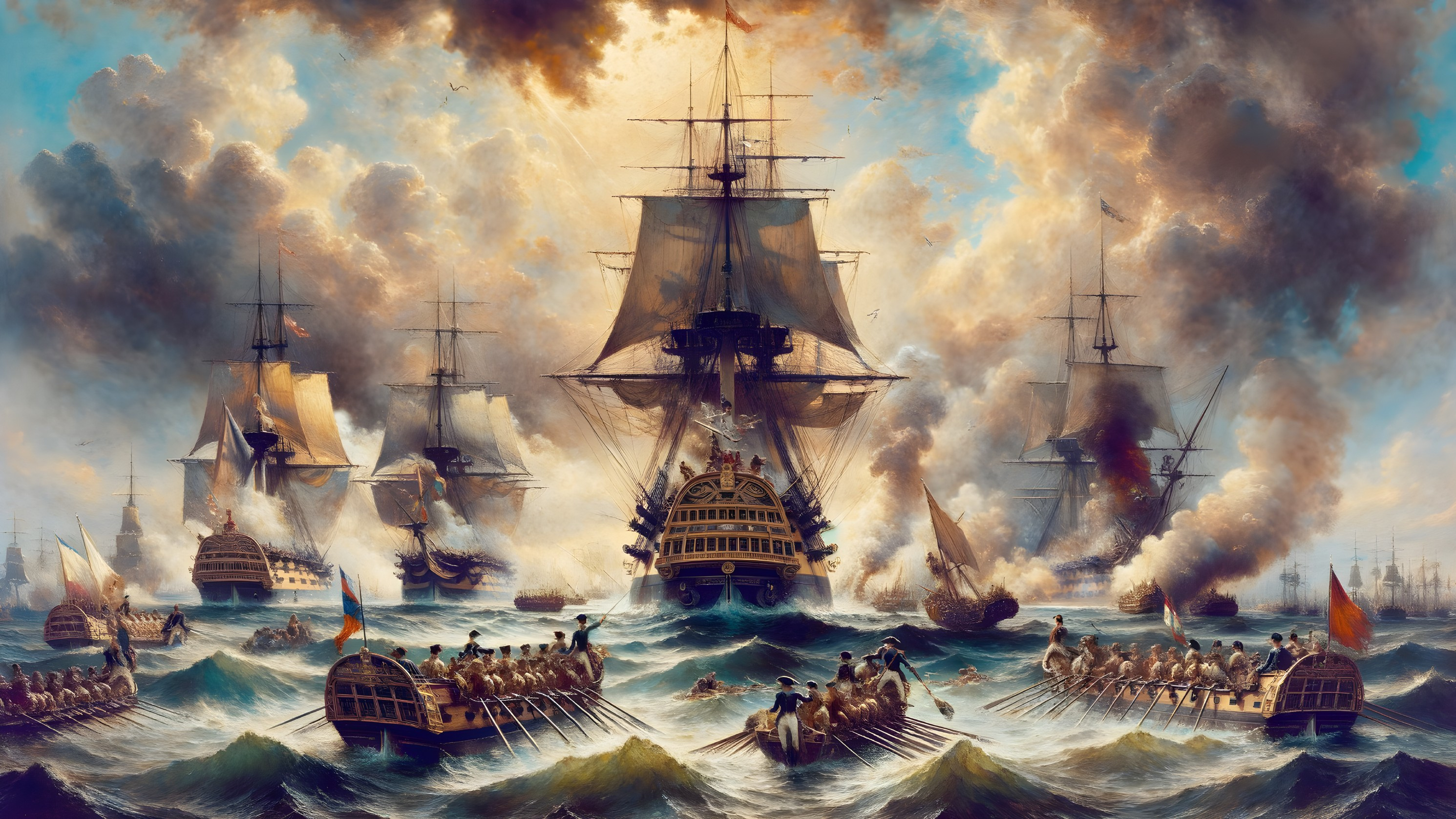 Dramatic Naval Battle on Turbulent Sea with Ships