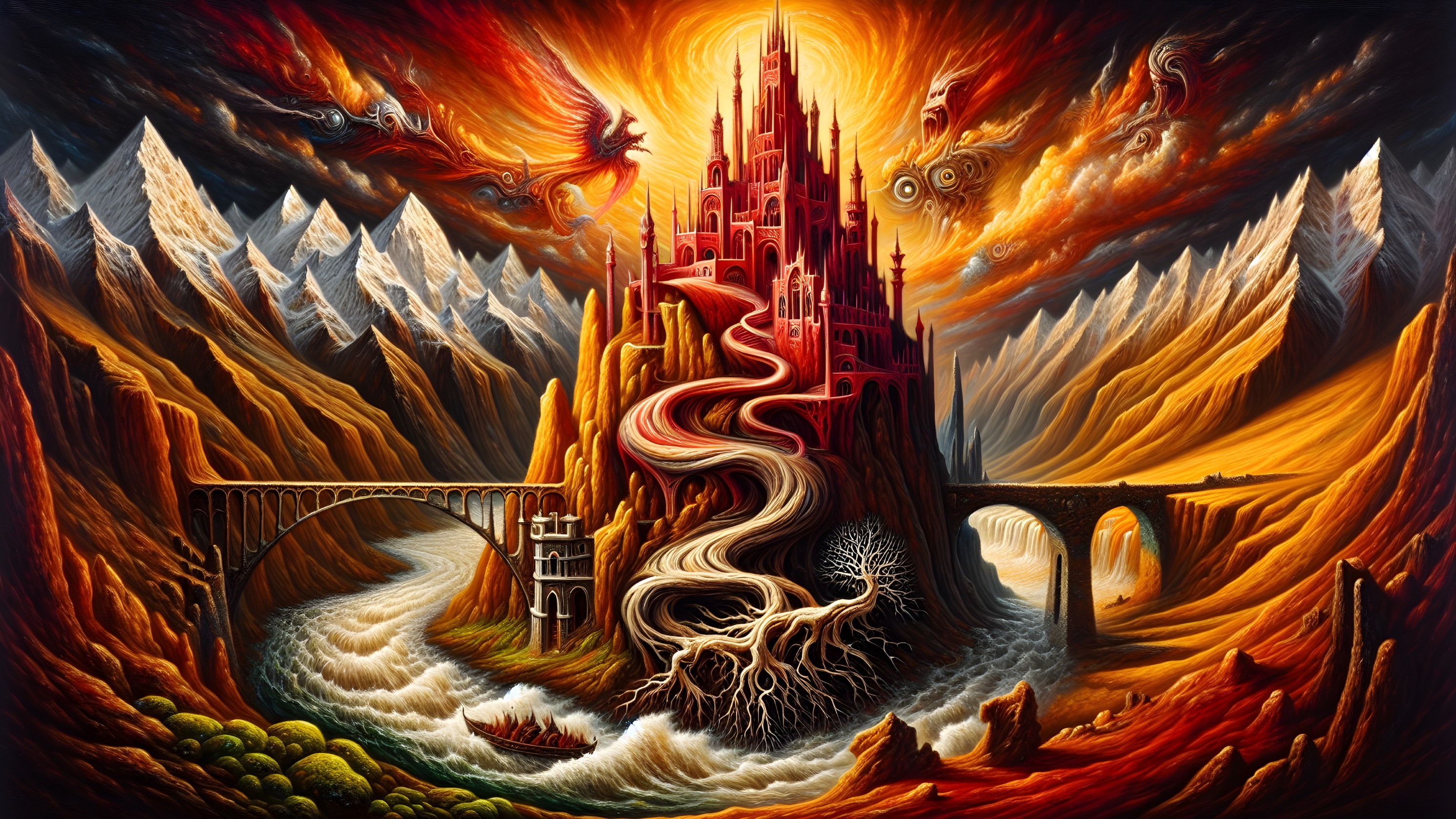 Dramatic Landscape with Fiery Sky and Castle