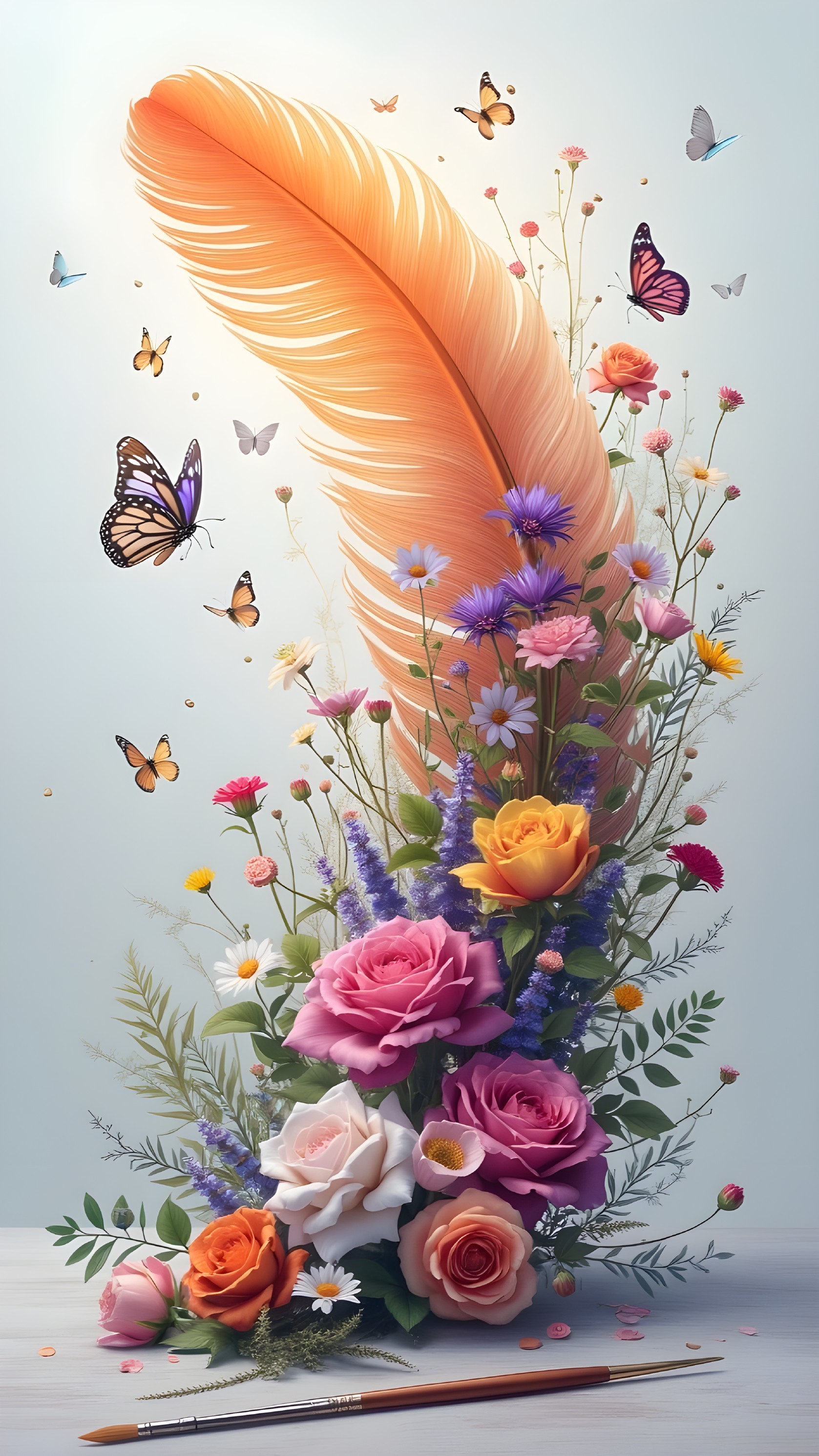 Vibrant Floral Arrangement with Feather and Butterflies