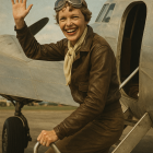 Vintage Aviator Waving from Classic Aircraft Steps