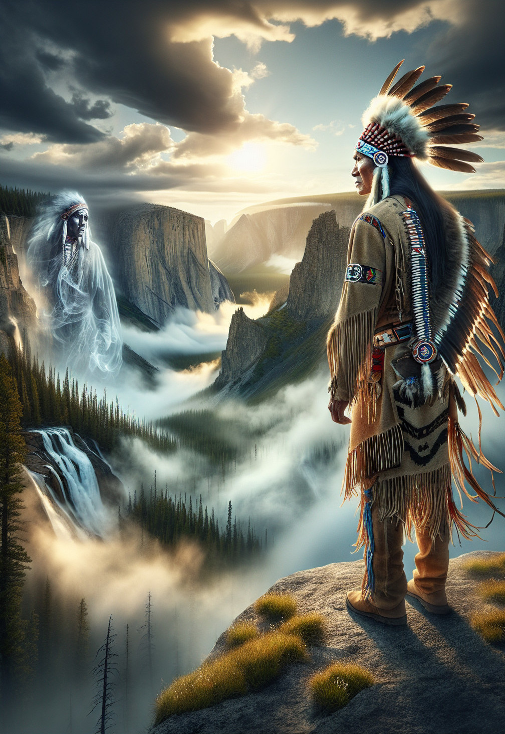 Native American Figure on Rocky Ledge at Sunset
