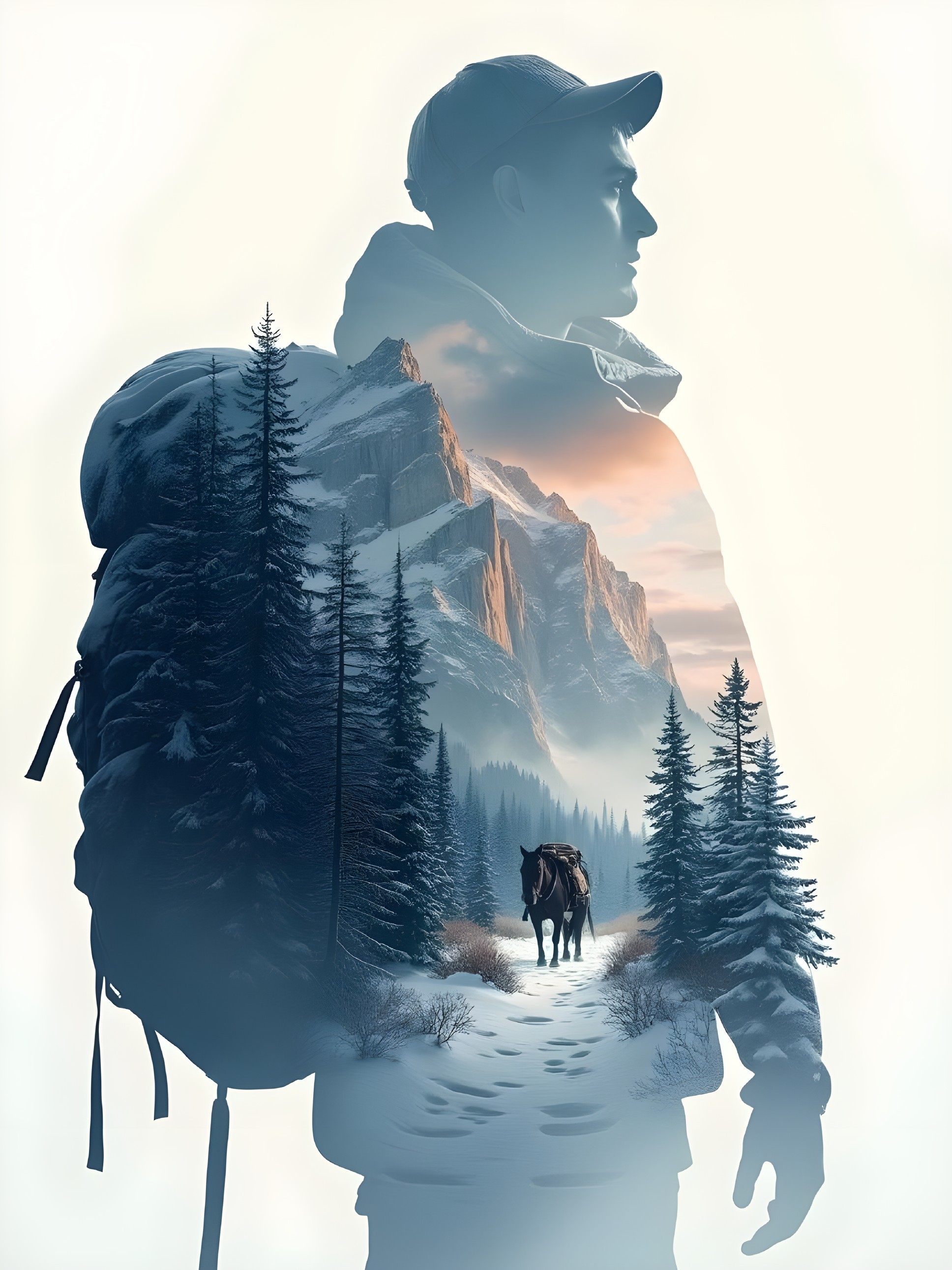 Double Exposure of Hiker with Mountain Landscape
