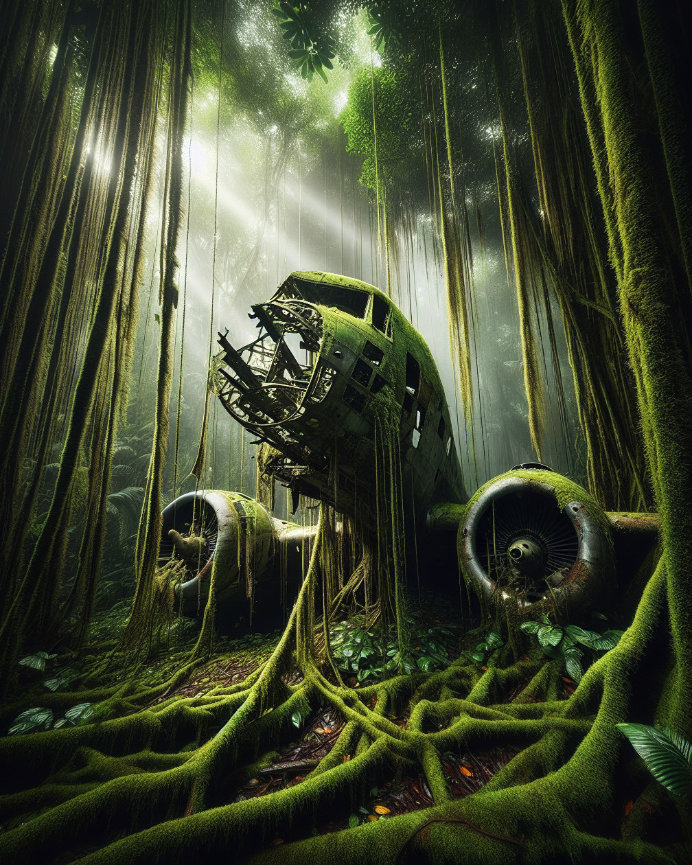 Abandoned Airplane Fuselage in Dense Jungle Setting