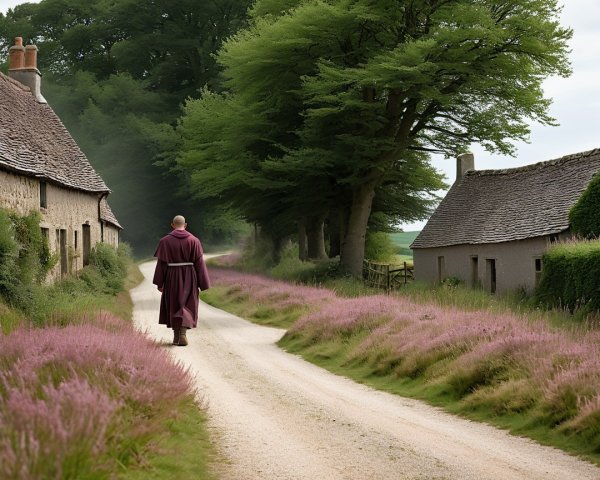 Monk Walking on Dusty Path in Serene Rural Setting