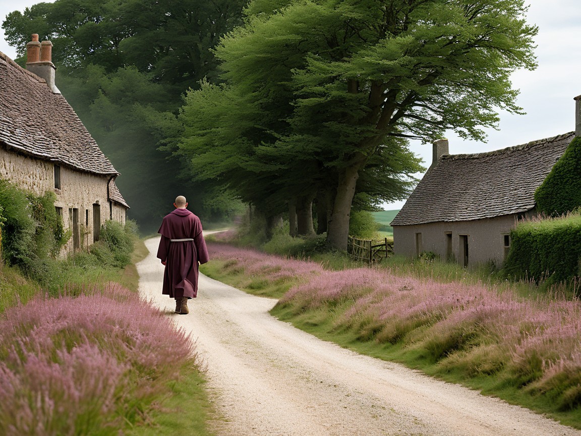 Monk Walking on Dusty Path in Serene Rural Setting