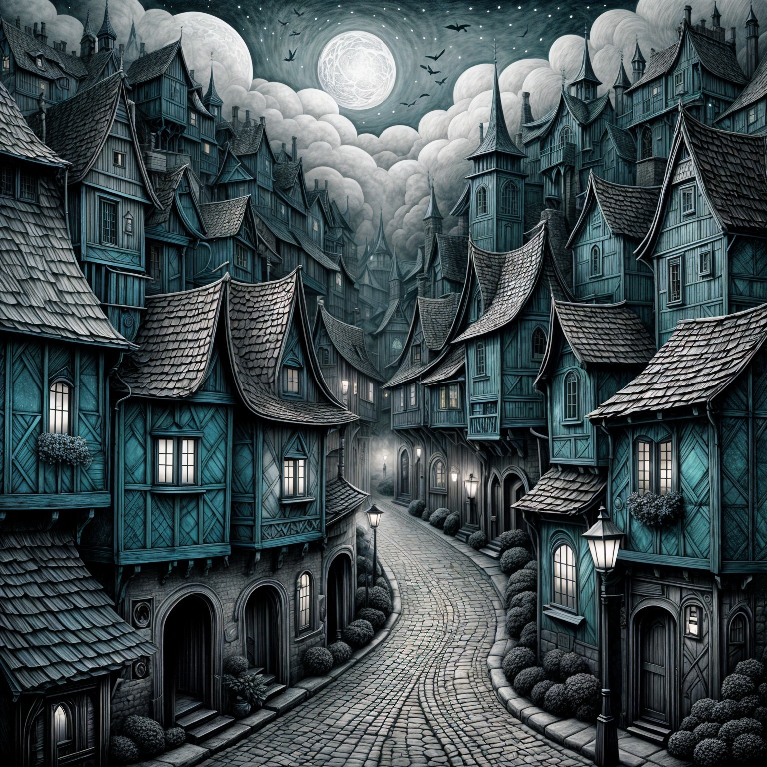 Whimsical Dark-Hued Village Scene Under Full Moon