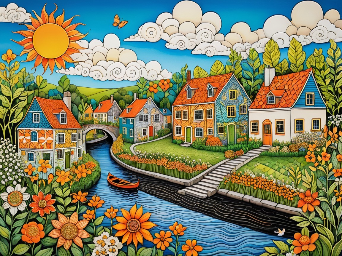 Vibrant Village Scene with Colorful Houses and Canal