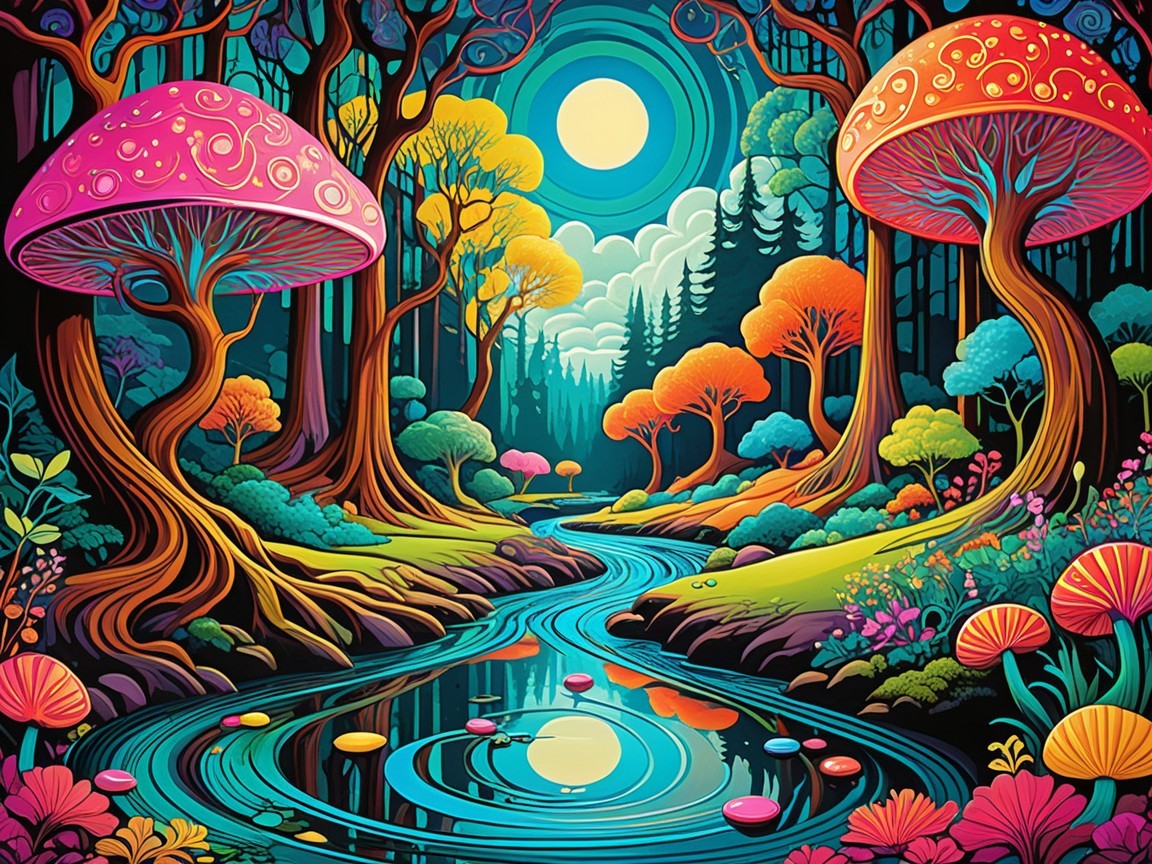 Vibrant Enchanted Forest with Colorful Mushrooms and River