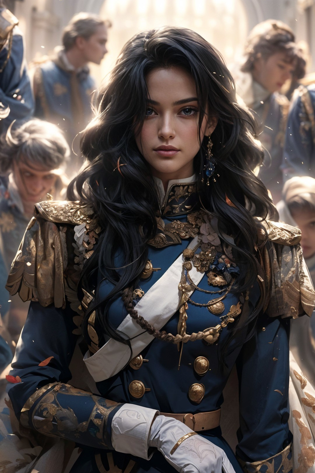 Military Leader in Ornate Uniform with Soldiers Behind