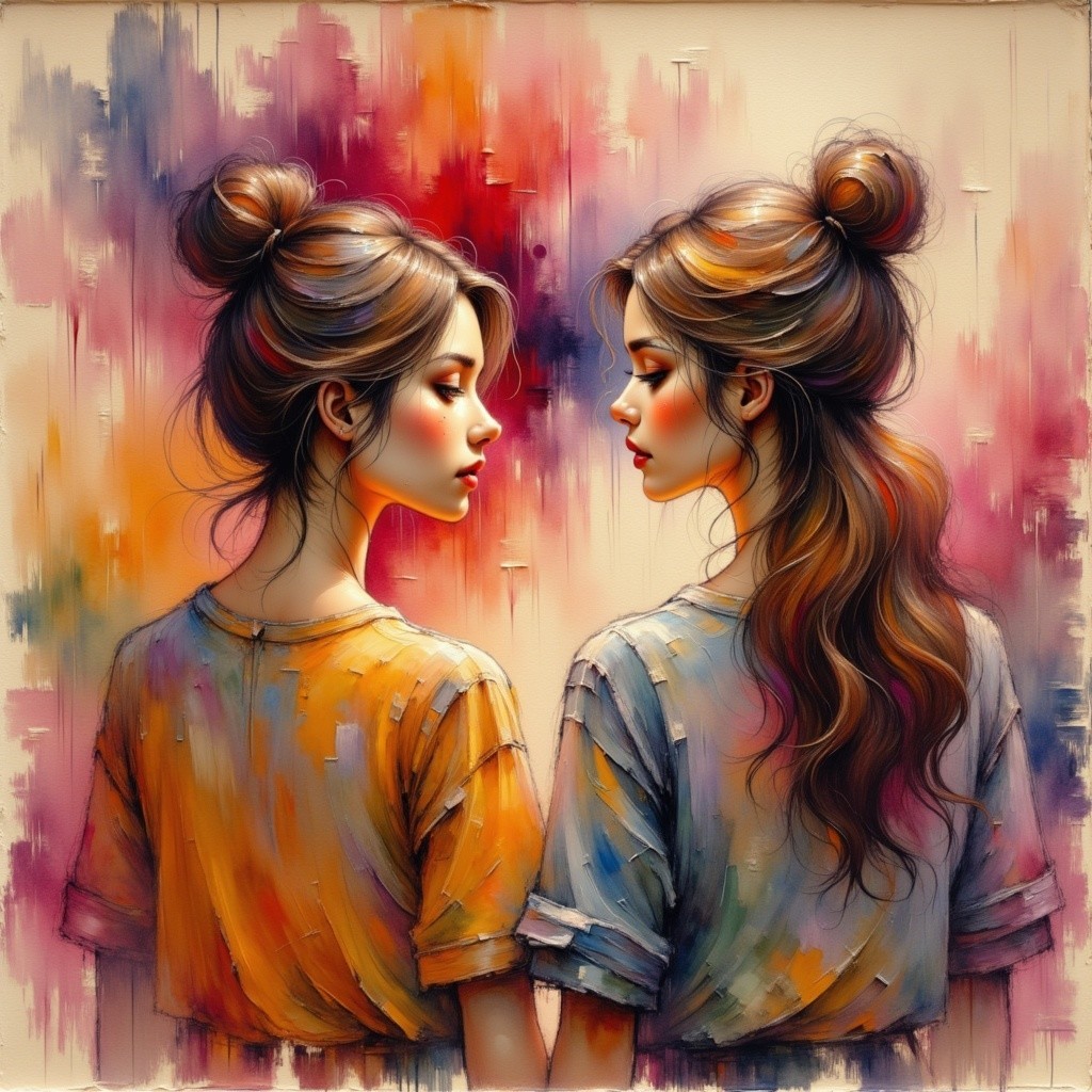 Colorful Artwork of Two Women in Contemplation
