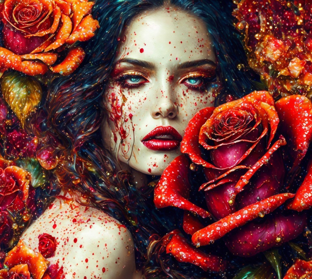 Woman with Striking Eyes Surrounded by Red Roses