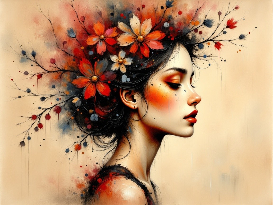 Profile of a Woman with Floral Headdress in Vibrant Colors