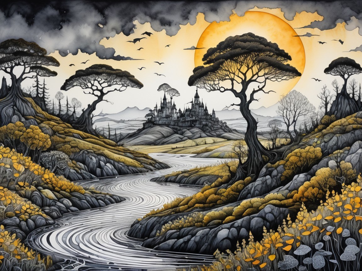 Winding River and Castle in Lush Rolling Hills