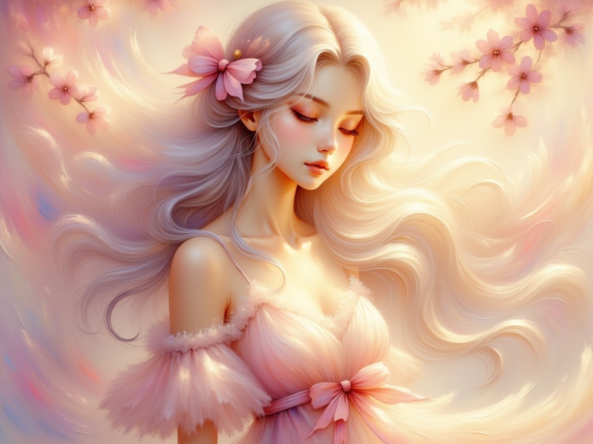 Serene Woman in Pink Dress with Cherry Blossoms