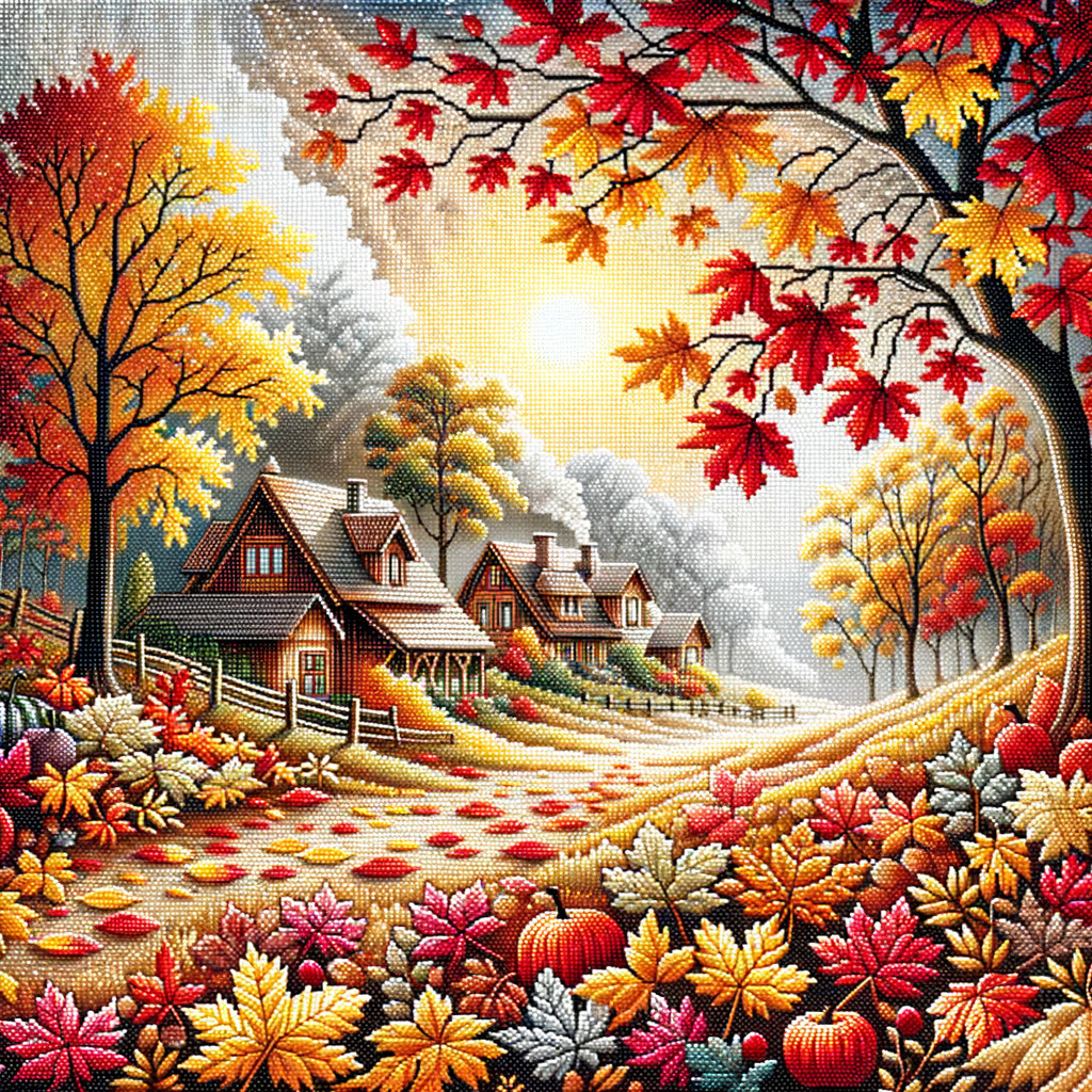 Autumn Landscape with Colorful Foliage and Cottages
