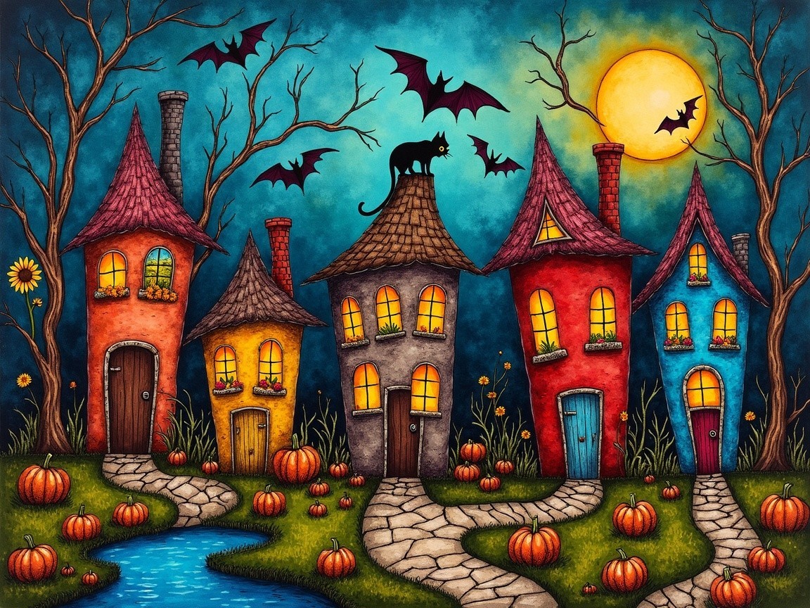 Whimsical Halloween Scene with Colorful Houses and Bats