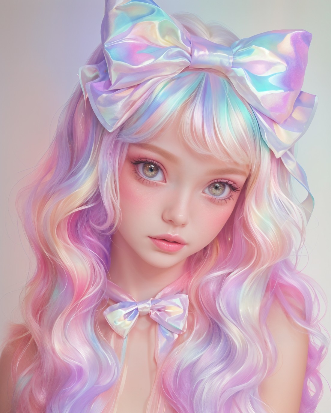 Young woman with pastel wavy hair and iridescent bow