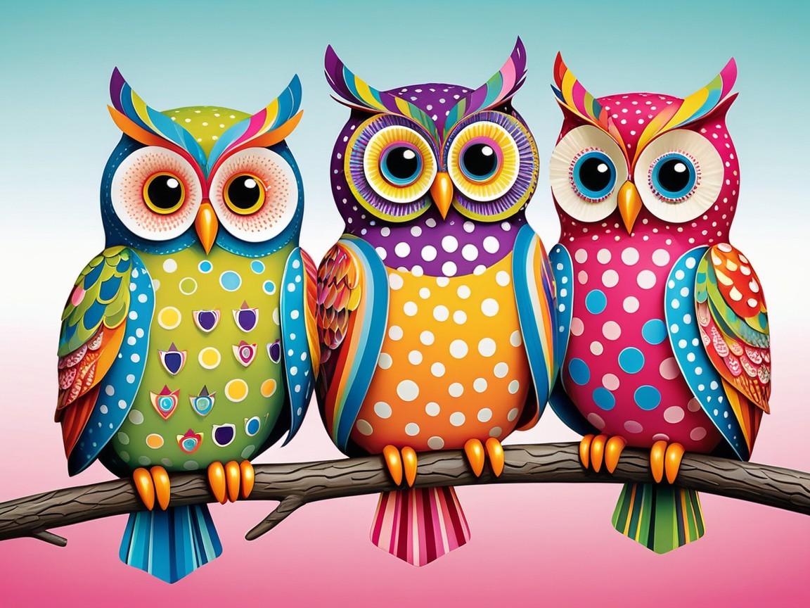 Cartoon Owls on Branch with Colorful Patterns