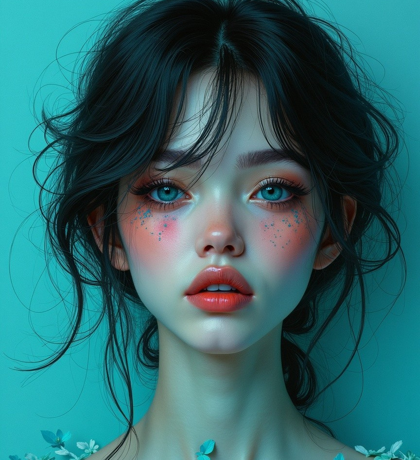 Portrait of a young woman with dark hair and blue eyes