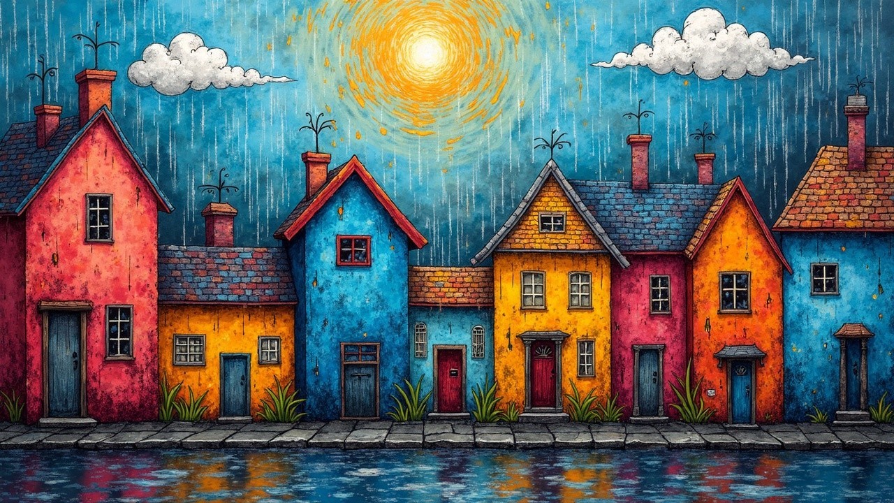 Vibrant Painting of Colorful Houses in Rain Scene