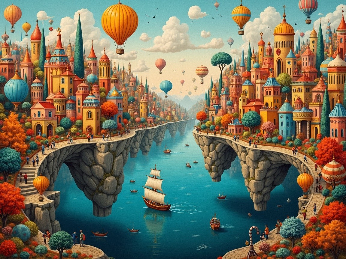 Whimsical Landscape with Colorful Buildings and Balloons