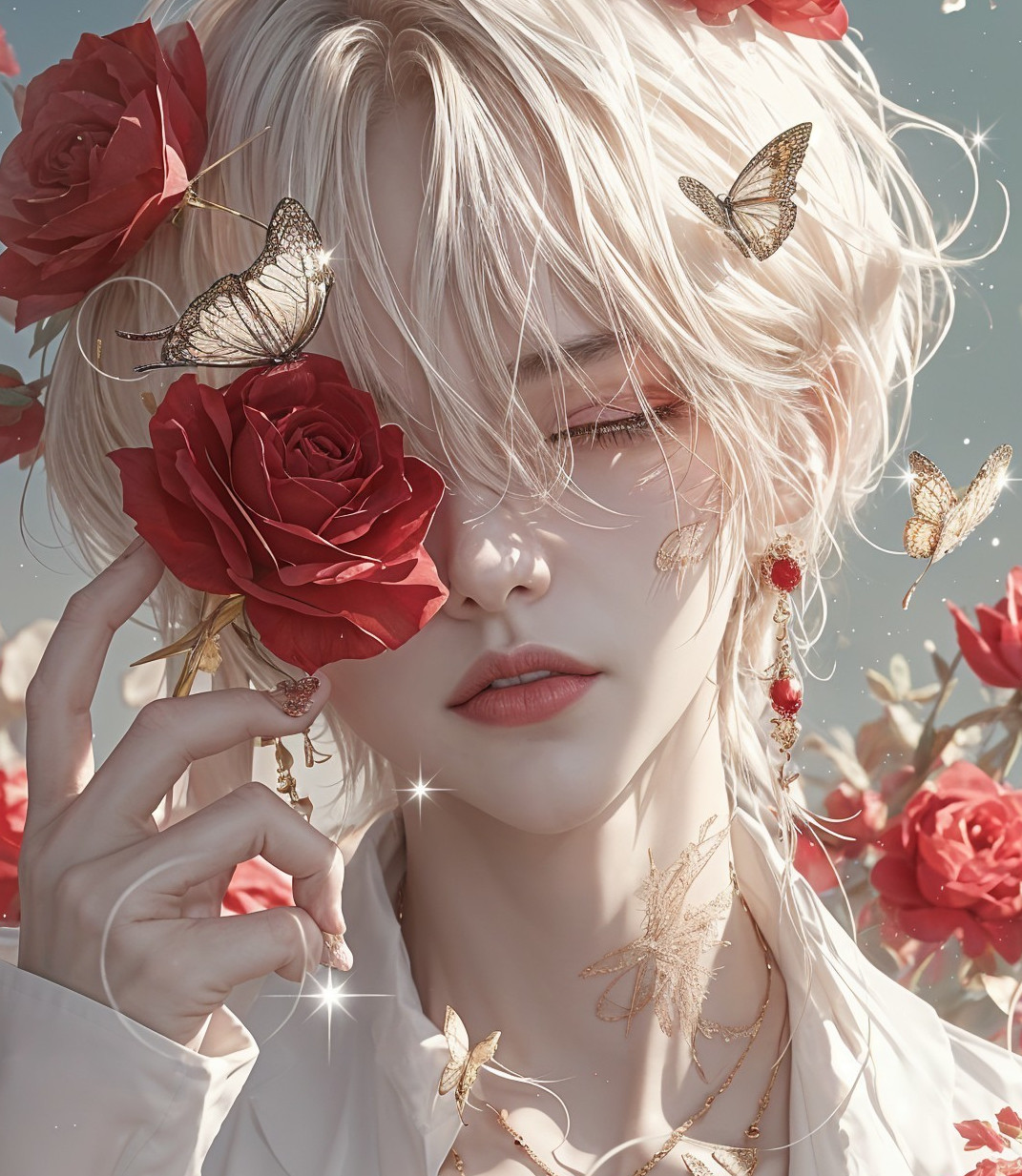 Close-up Portrait with Platinum Hair and Floral Accents
