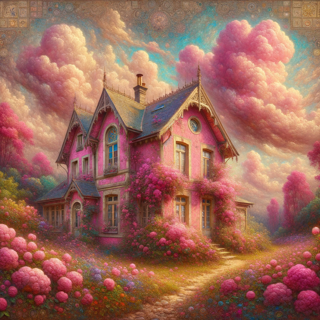 Whimsical Fairytale House with Vibrant Flowers and Greens
