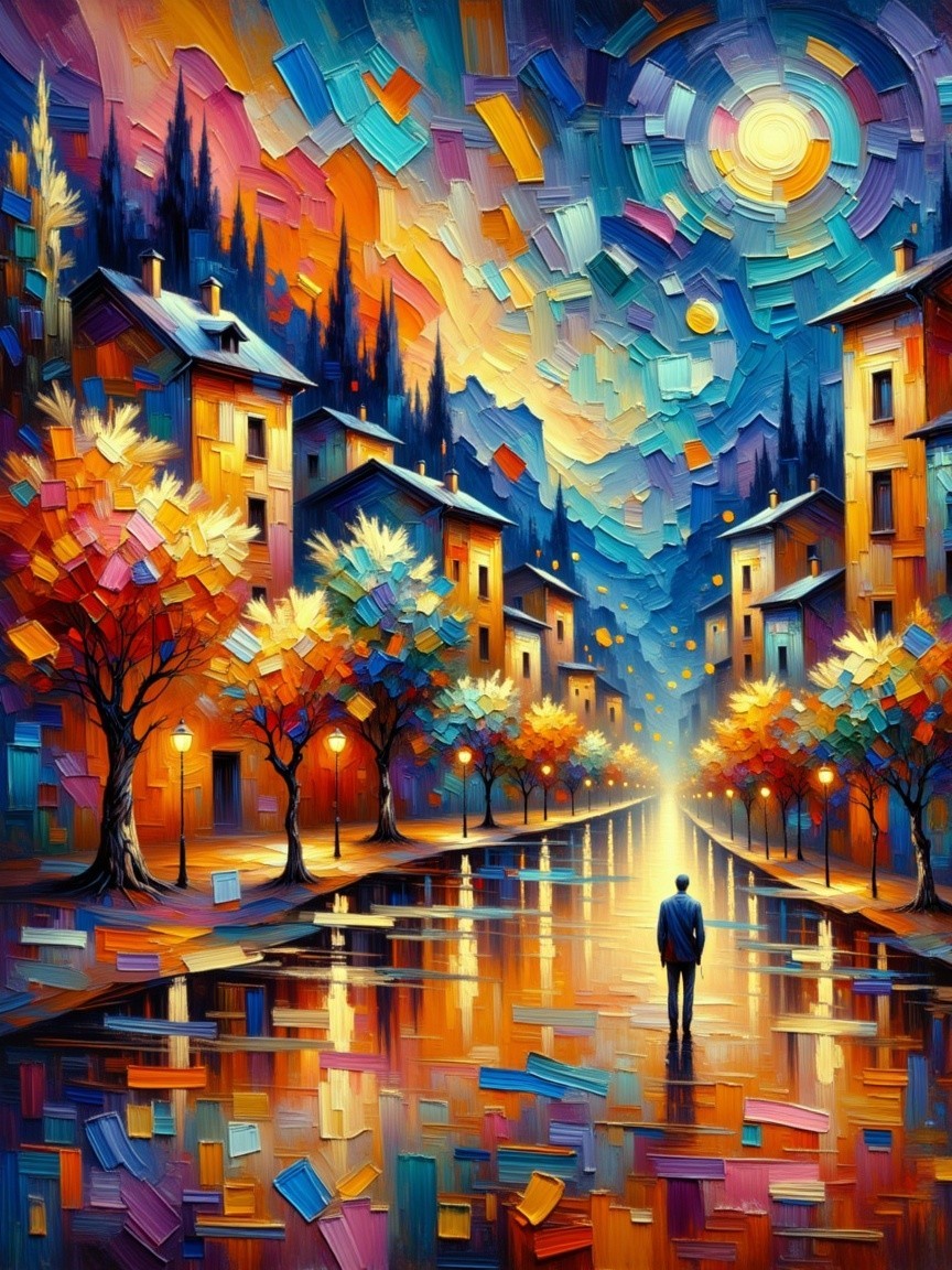 Impressionistic Scene of a Solitary Figure at Night