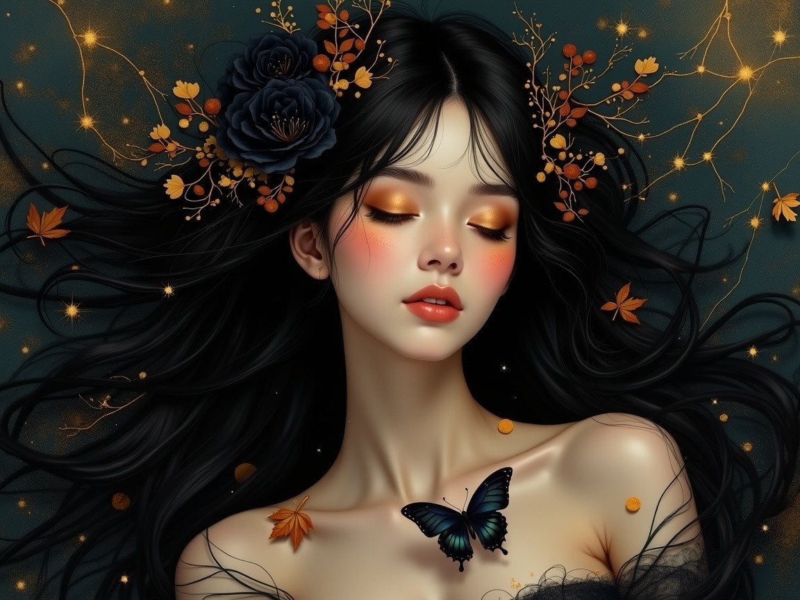 Serene Young Woman with Autumn Leaves and Butterfly