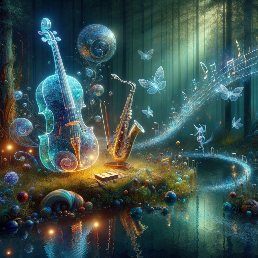 Mystical Forest with Floating Musical Instruments