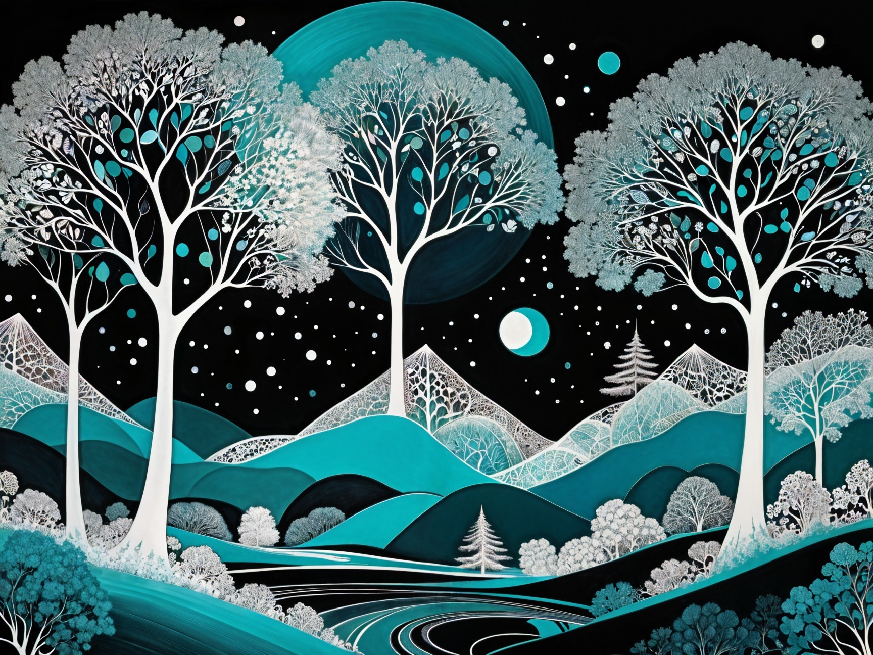 Surreal Landscape with Stylized Trees and Moonlight