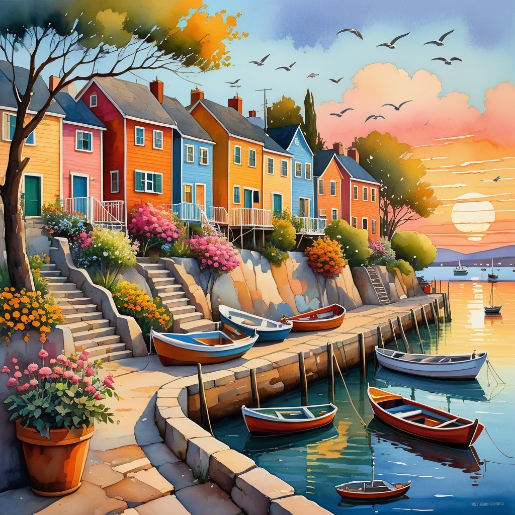 Vibrant Coastal Scene with Colorful Houses and Gardens