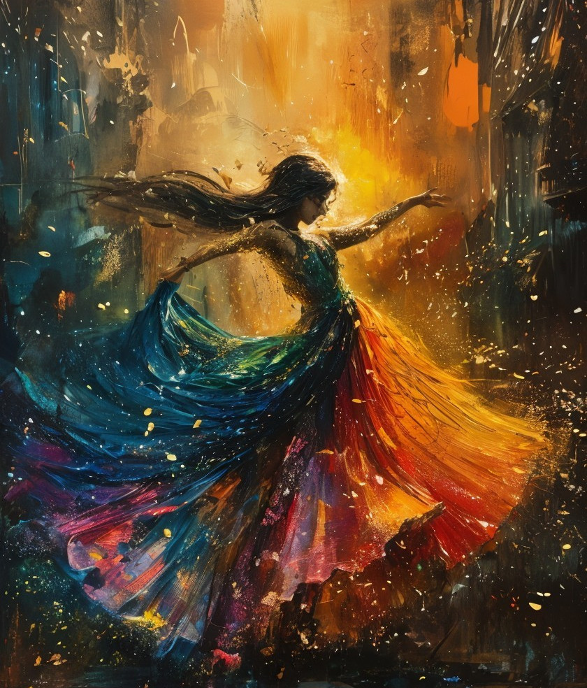 Vibrant Painting of a Dancing Woman in Colorful Scene