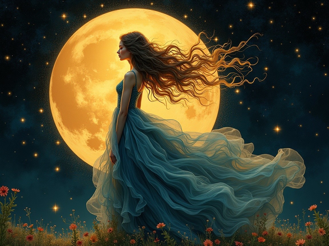 Ethereal figure in gown under full moon and stars