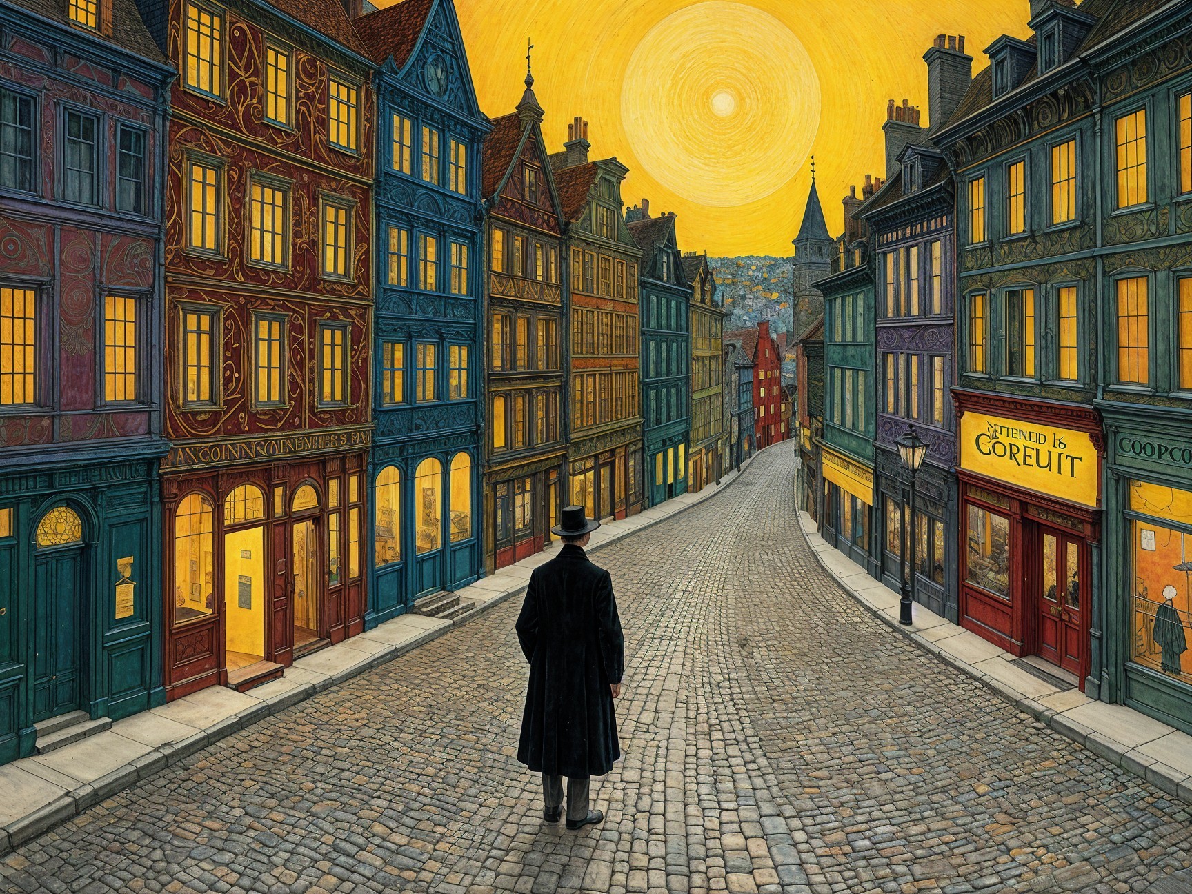 Colorful Streetscape with Cobblestone Road and Figure
