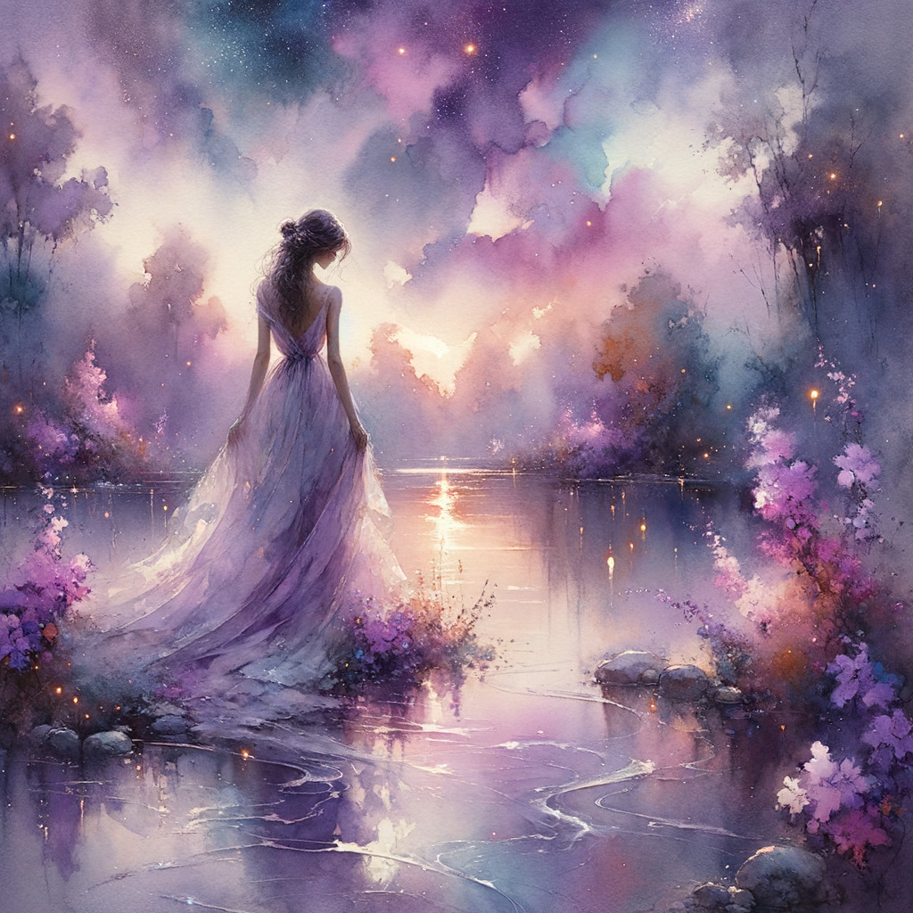 Twilight Scene with Woman by Tranquil Lake