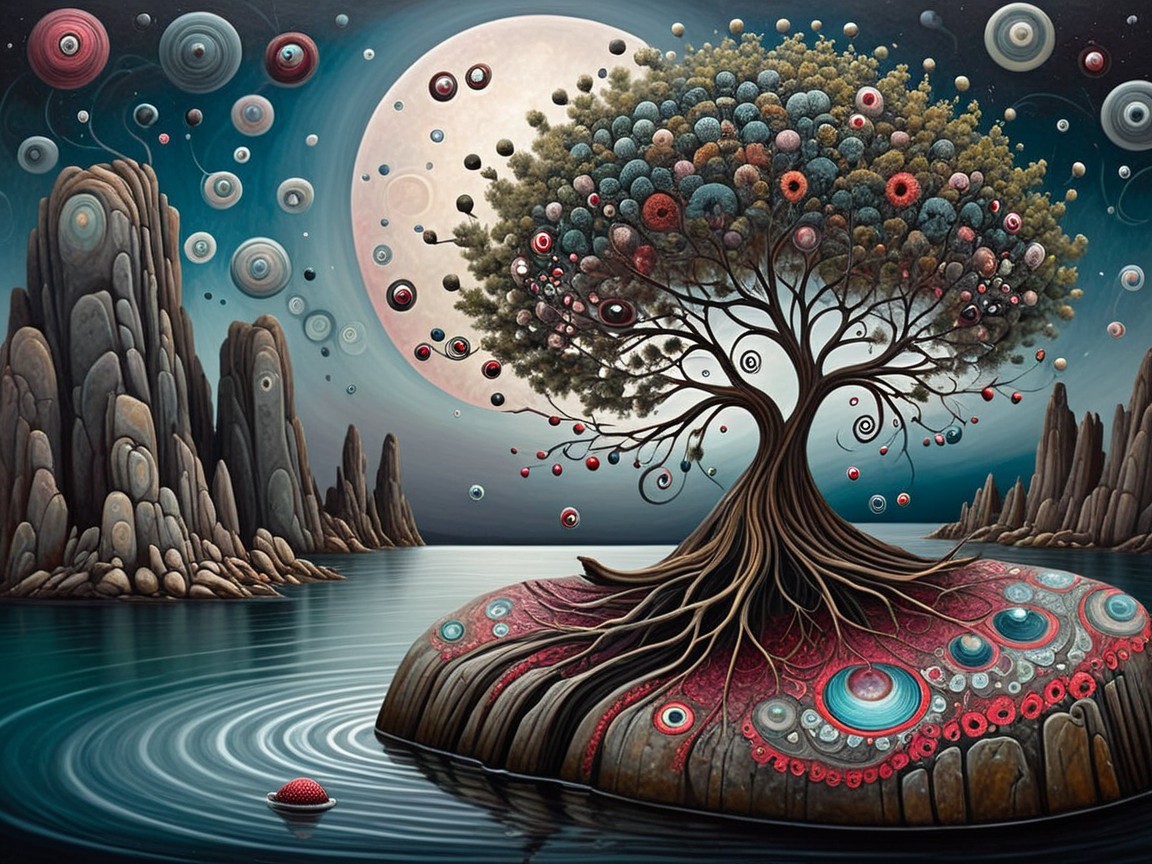 Surreal Landscape with Vibrant Tree and Moonlight