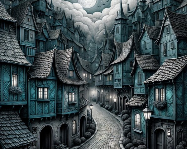 Whimsical Dark-Hued Village Scene Under Full Moon
