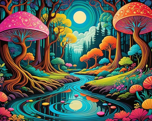 Vibrant Enchanted Forest with Colorful Mushrooms and River