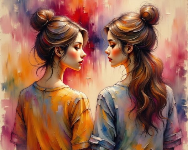 Colorful Artwork of Two Women in Contemplation